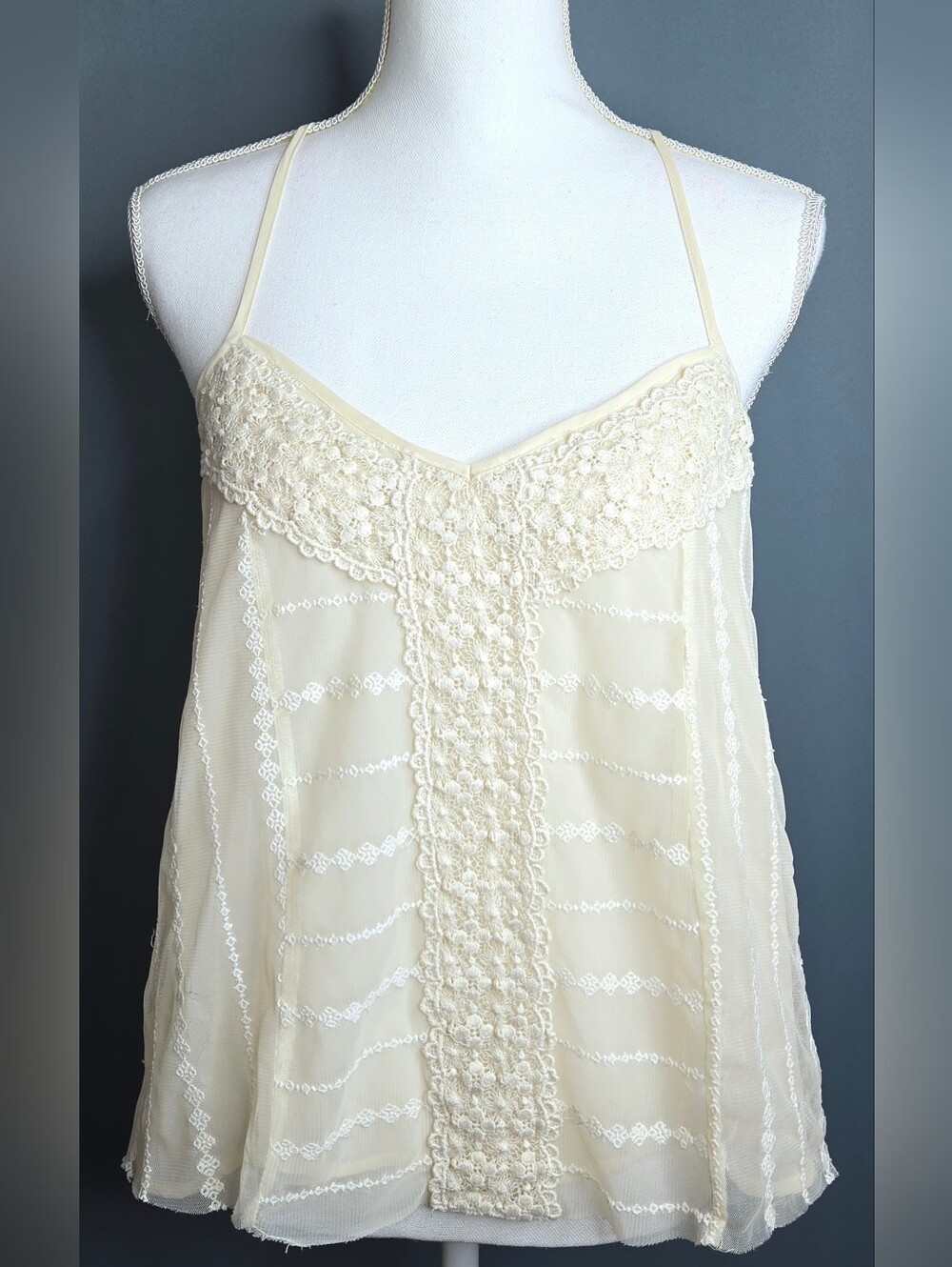 American Eagle Ivory Chiffon Lace Boho Embroidered Tank Top NWOT M
